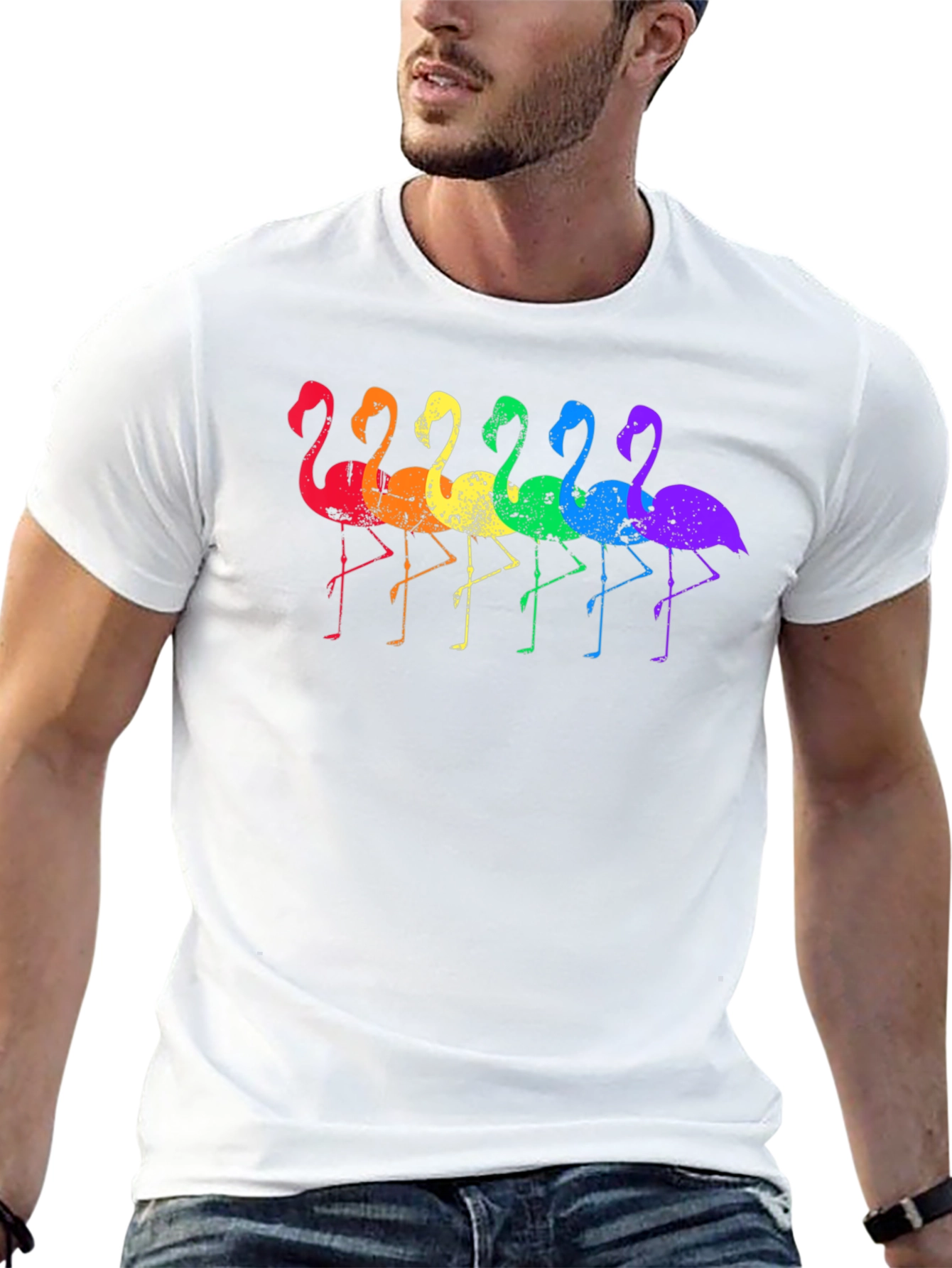 Rainbow Flamingo Graphic Tee - Black Cotton T-Shirt