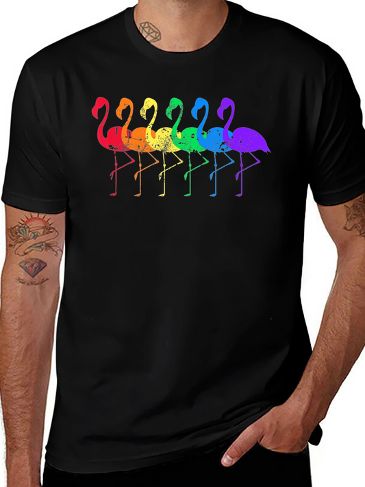 Rainbow Flamingo Graphic Tee - Black Cotton T-Shirt