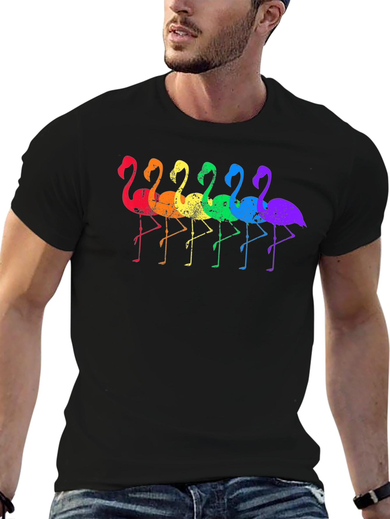 Rainbow Flamingo Graphic Tee - Black Cotton T-Shirt