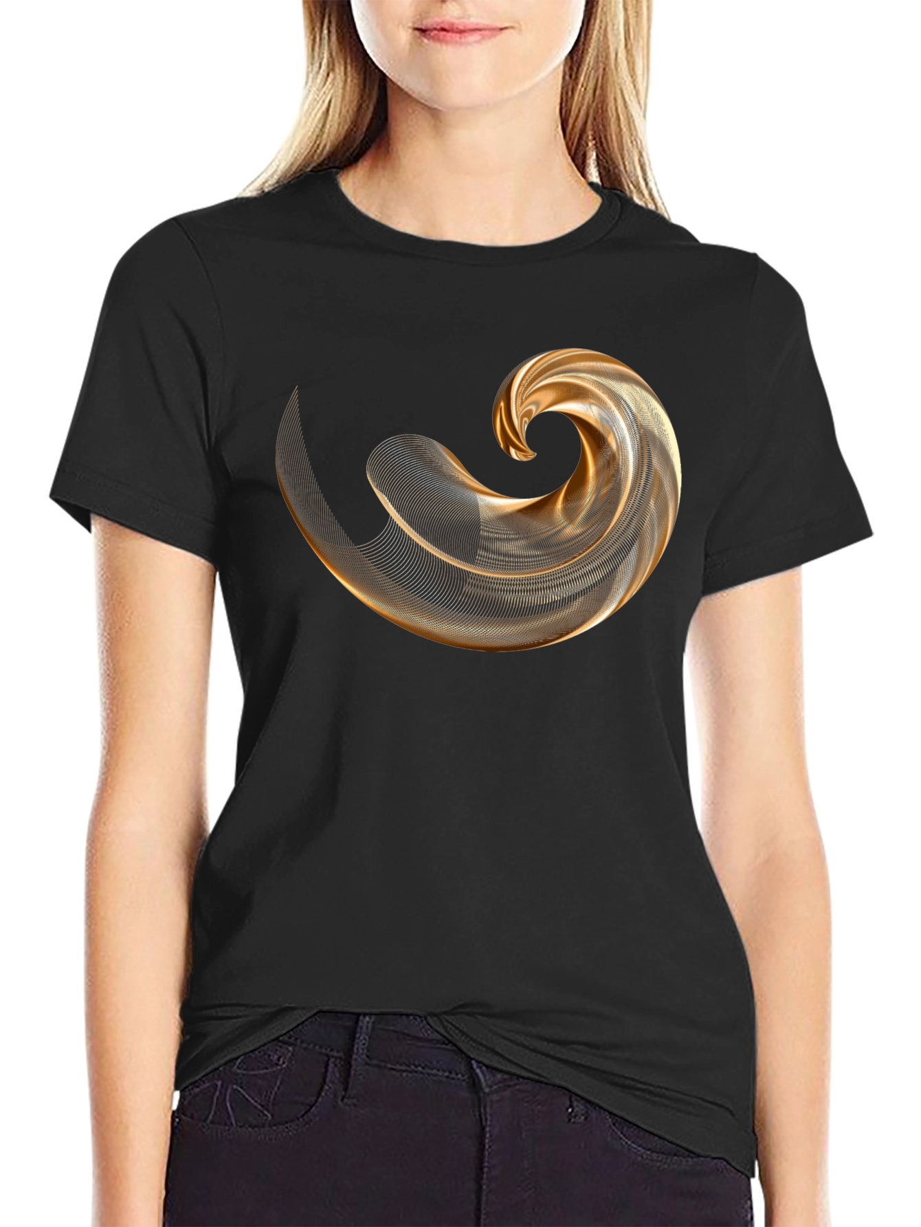 Mens Black T-Shirt with Abstract Gold Swirl Design