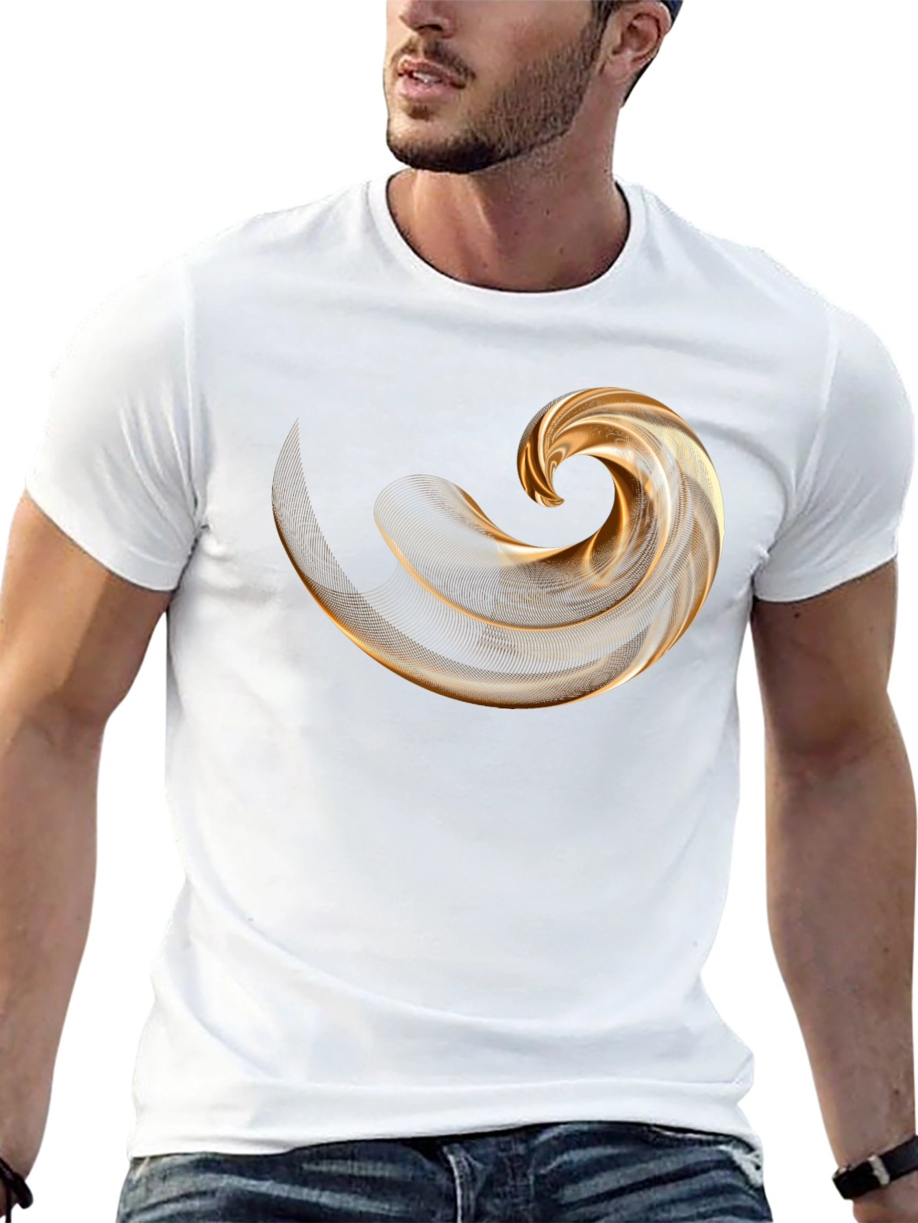 Mens Black T-Shirt with Abstract Gold Swirl Design