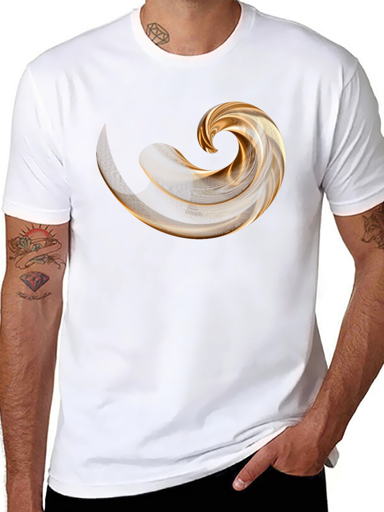 Mens Black T-Shirt with Abstract Gold Swirl Design