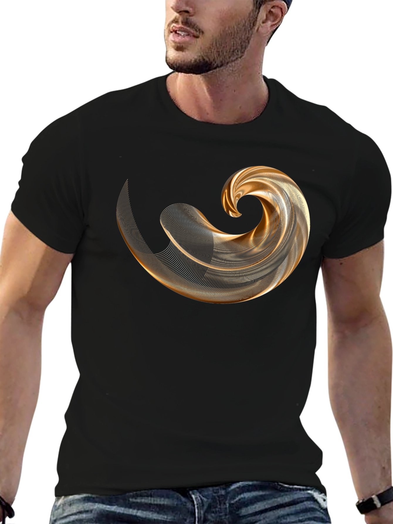 Mens Black T-Shirt with Abstract Gold Swirl Design