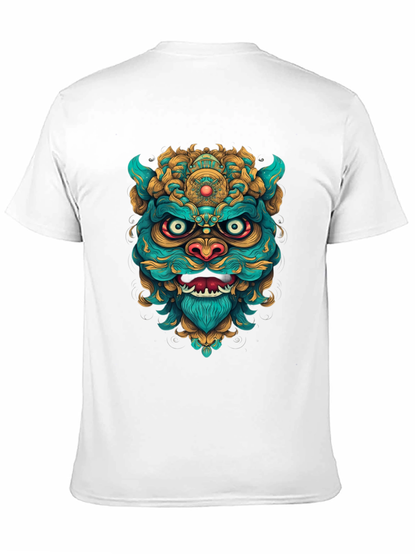 Unique Graphic Tee: Turquoise & Gold Foo Dog Design