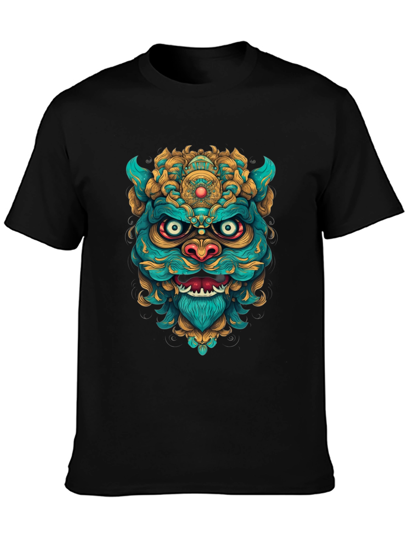 Unique Graphic Tee: Turquoise & Gold Foo Dog Design