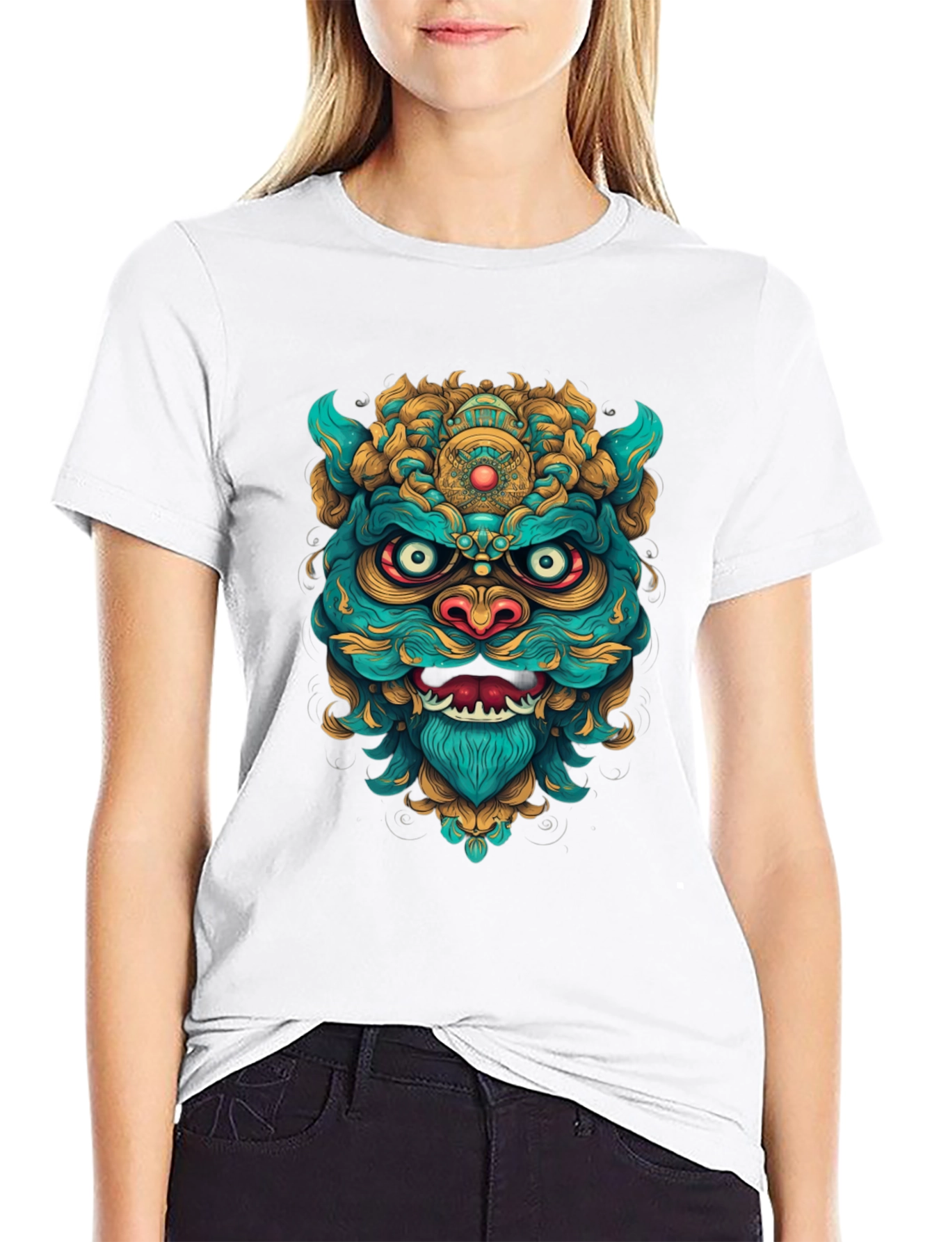 Unique Graphic Tee: Turquoise & Gold Foo Dog Design