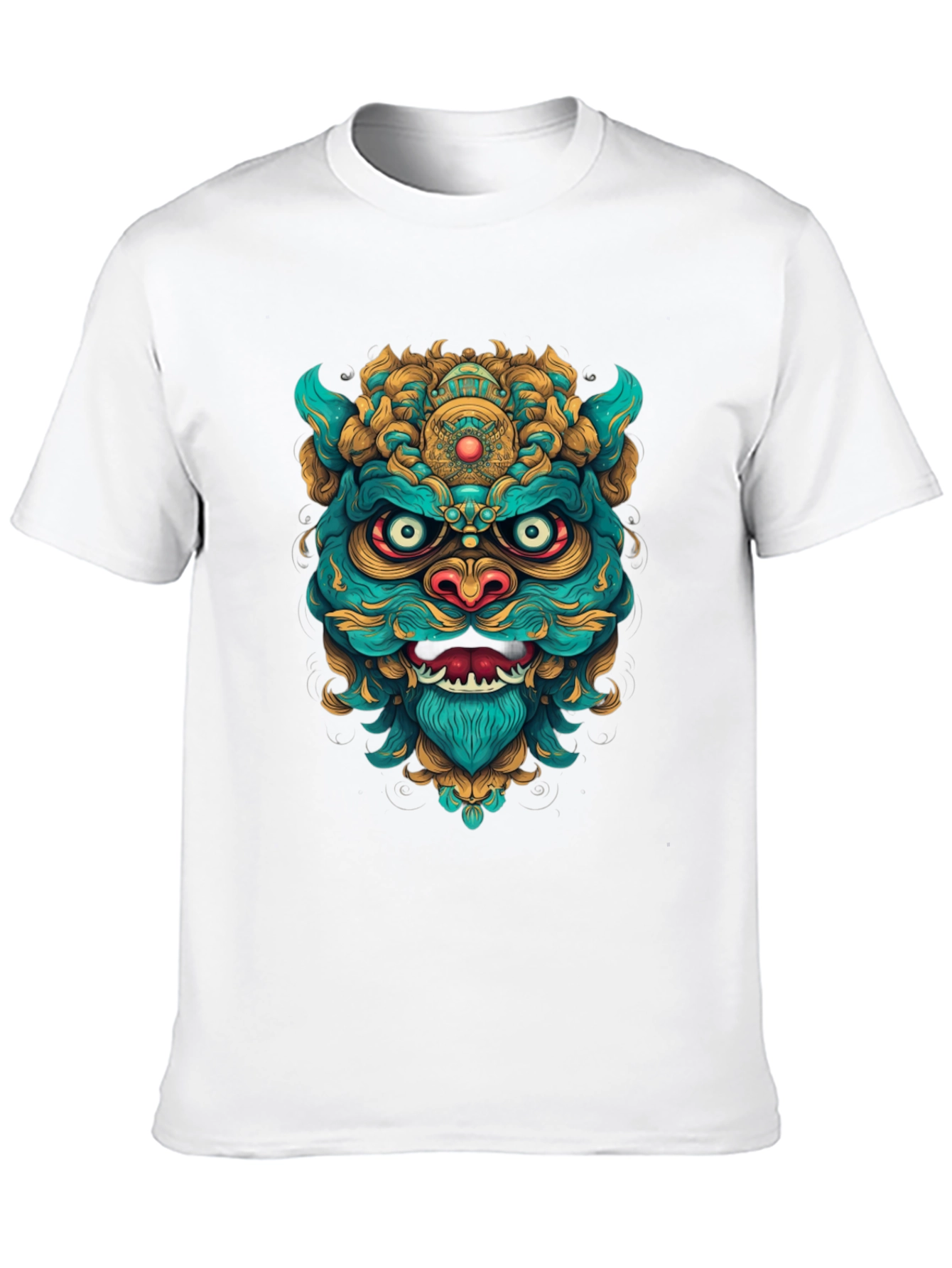 Unique Graphic Tee: Turquoise & Gold Foo Dog Design