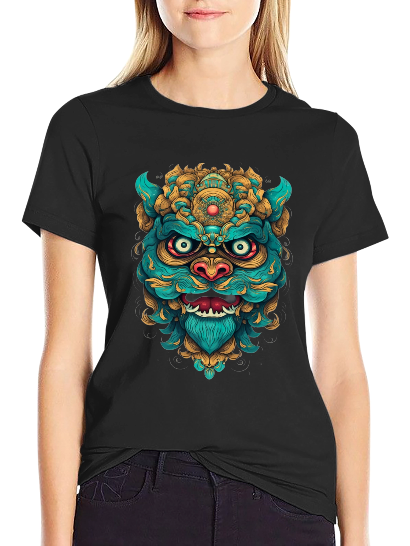 Unique Graphic Tee: Turquoise & Gold Foo Dog Design