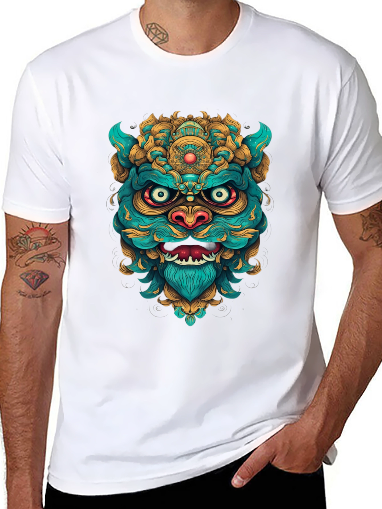 Unique Graphic Tee: Turquoise & Gold Foo Dog Design
