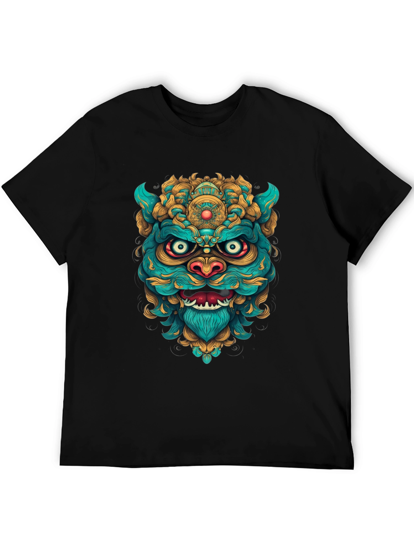 Unique Graphic Tee: Turquoise & Gold Foo Dog Design