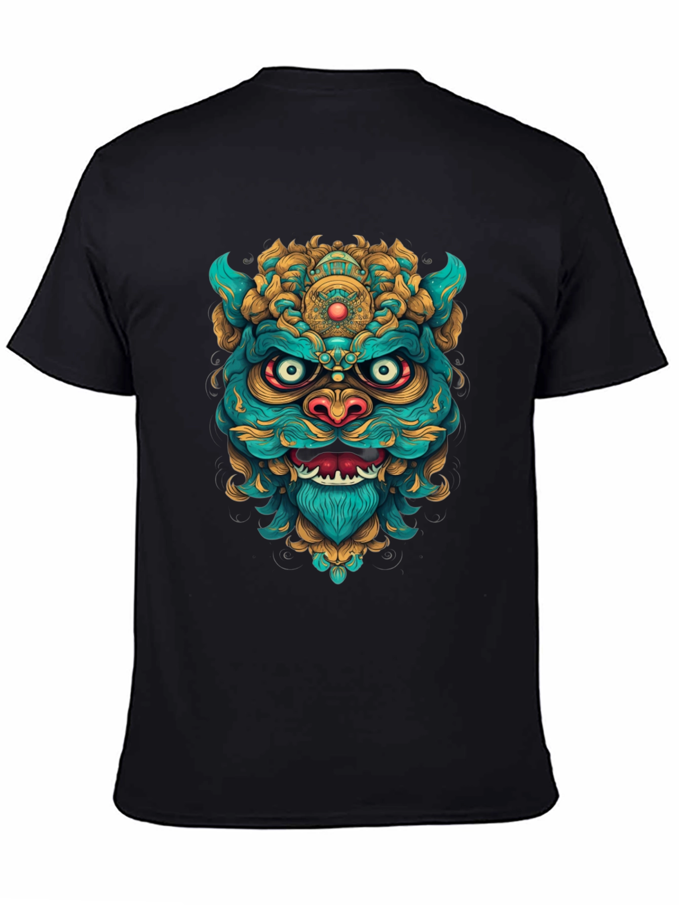 Unique Graphic Tee: Turquoise & Gold Foo Dog Design