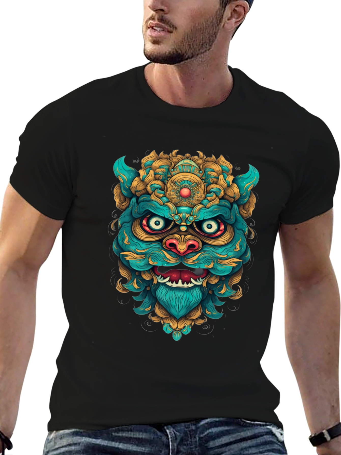 Unique Graphic Tee: Turquoise & Gold Foo Dog Design