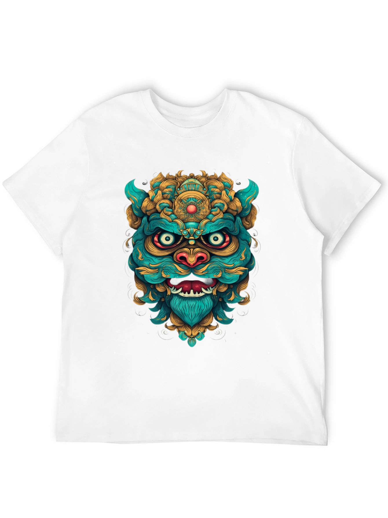 Unique Graphic Tee: Turquoise & Gold Foo Dog Design
