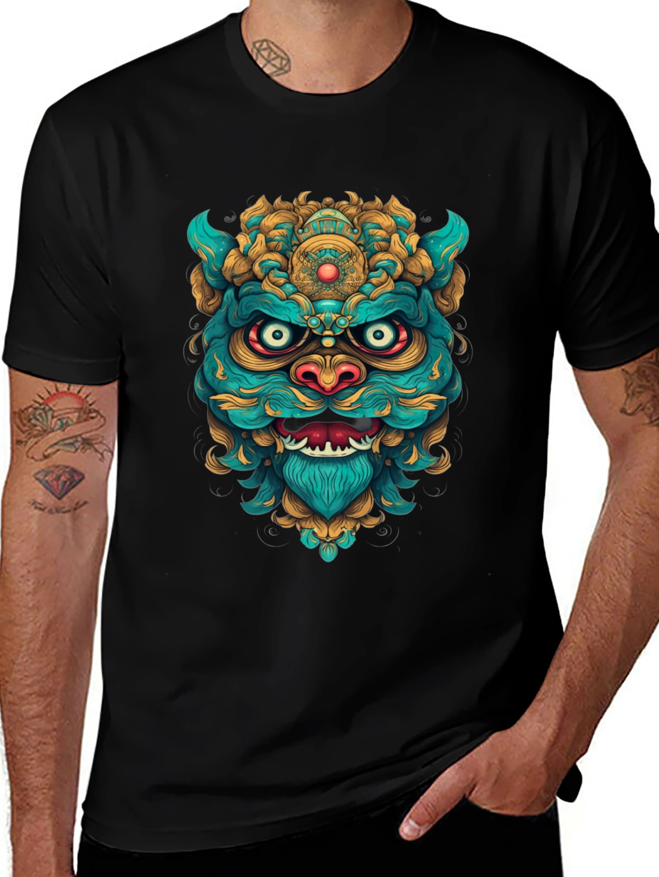 Unique Graphic Tee: Turquoise & Gold Foo Dog Design