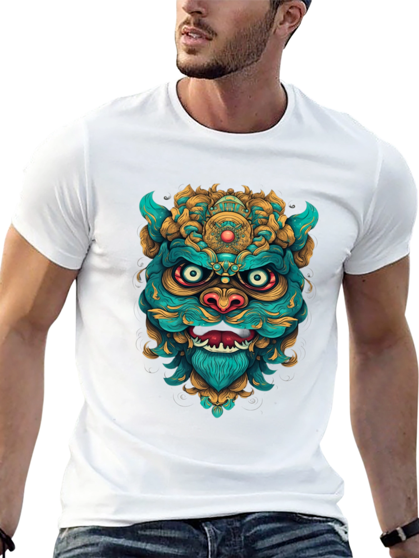 Unique Graphic Tee: Turquoise & Gold Foo Dog Design