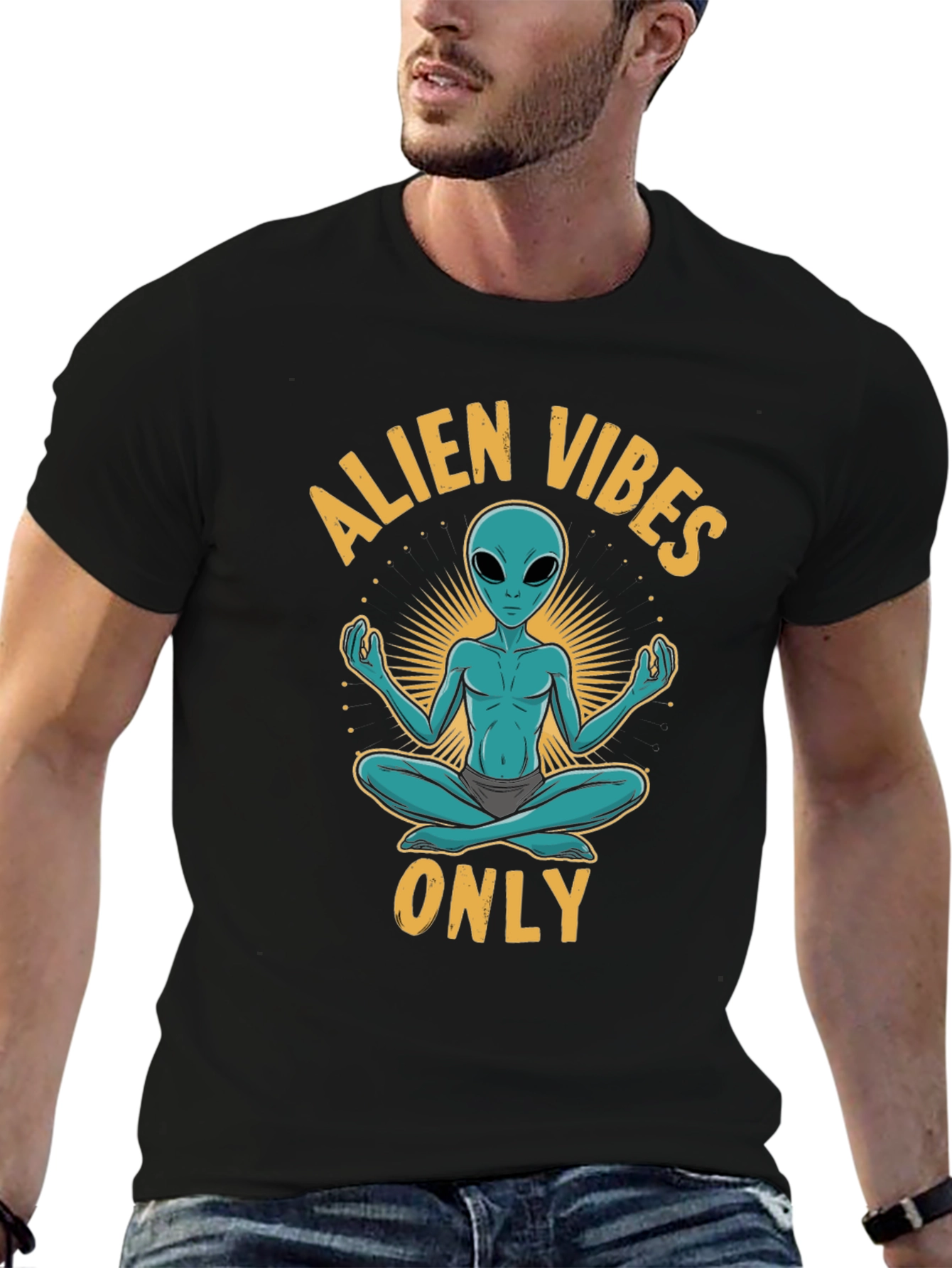 Alien Vibes Only T-Shirt - Meditating Space Alien Tee