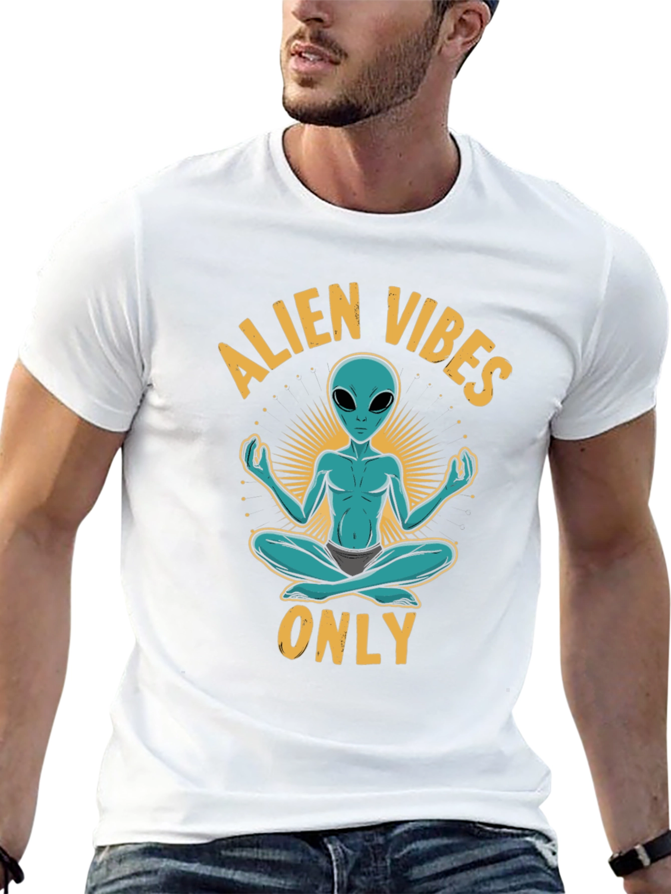 Alien Vibes Only T-Shirt - Meditating Space Alien Tee