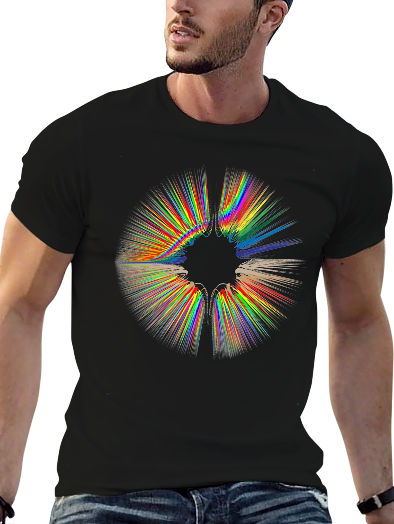 Abstract Rainbow Burst Graphic Black T-Shirt