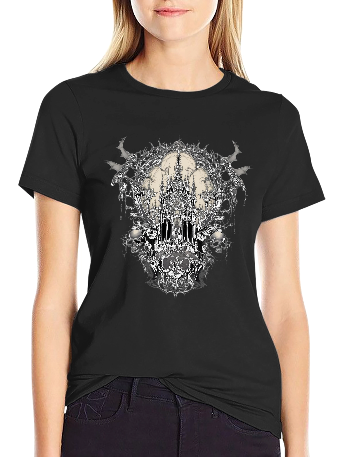 Gothic Castle & Skulls Black Graphic Tee