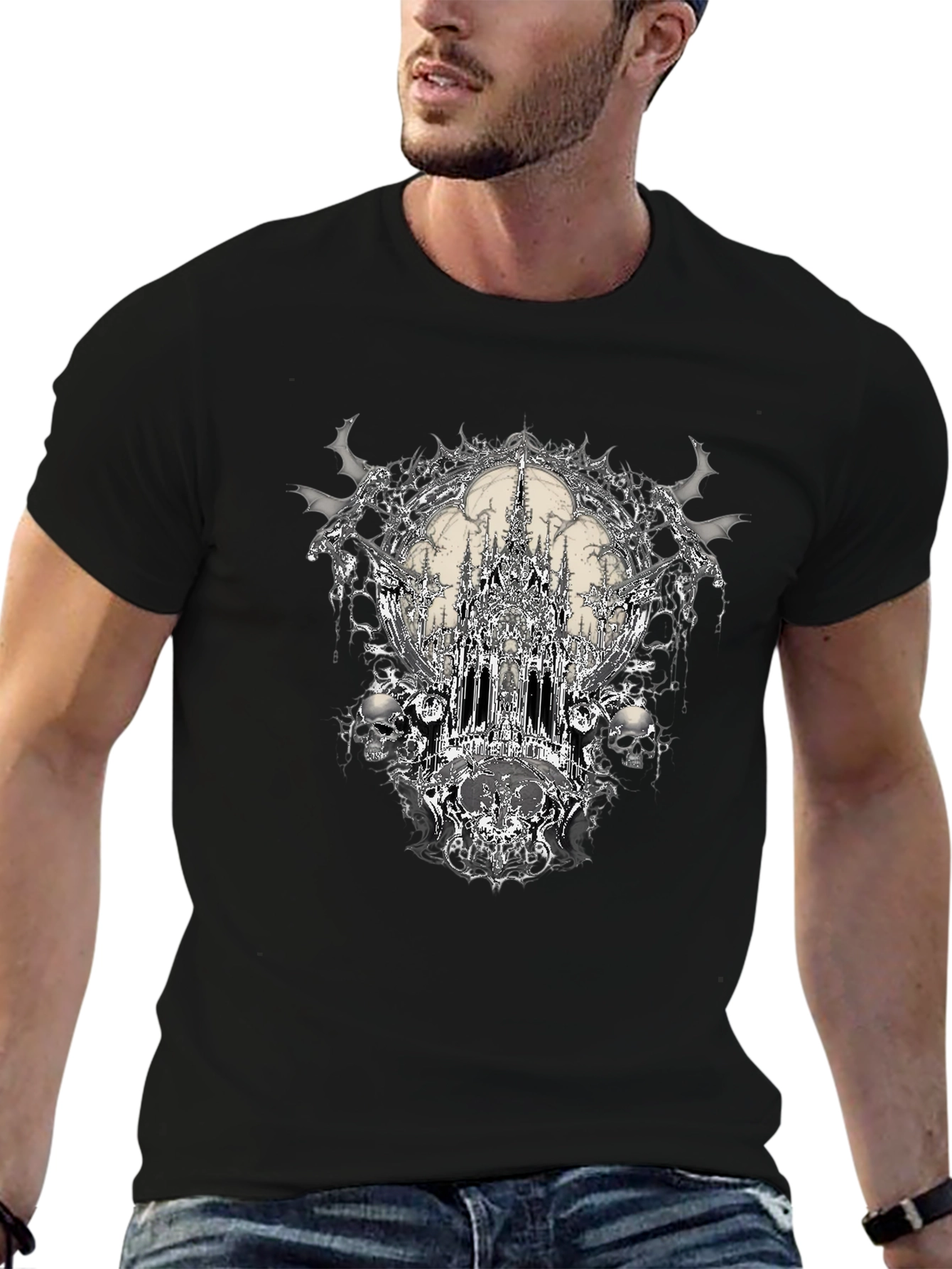 Gothic Castle & Skulls Black Graphic Tee
