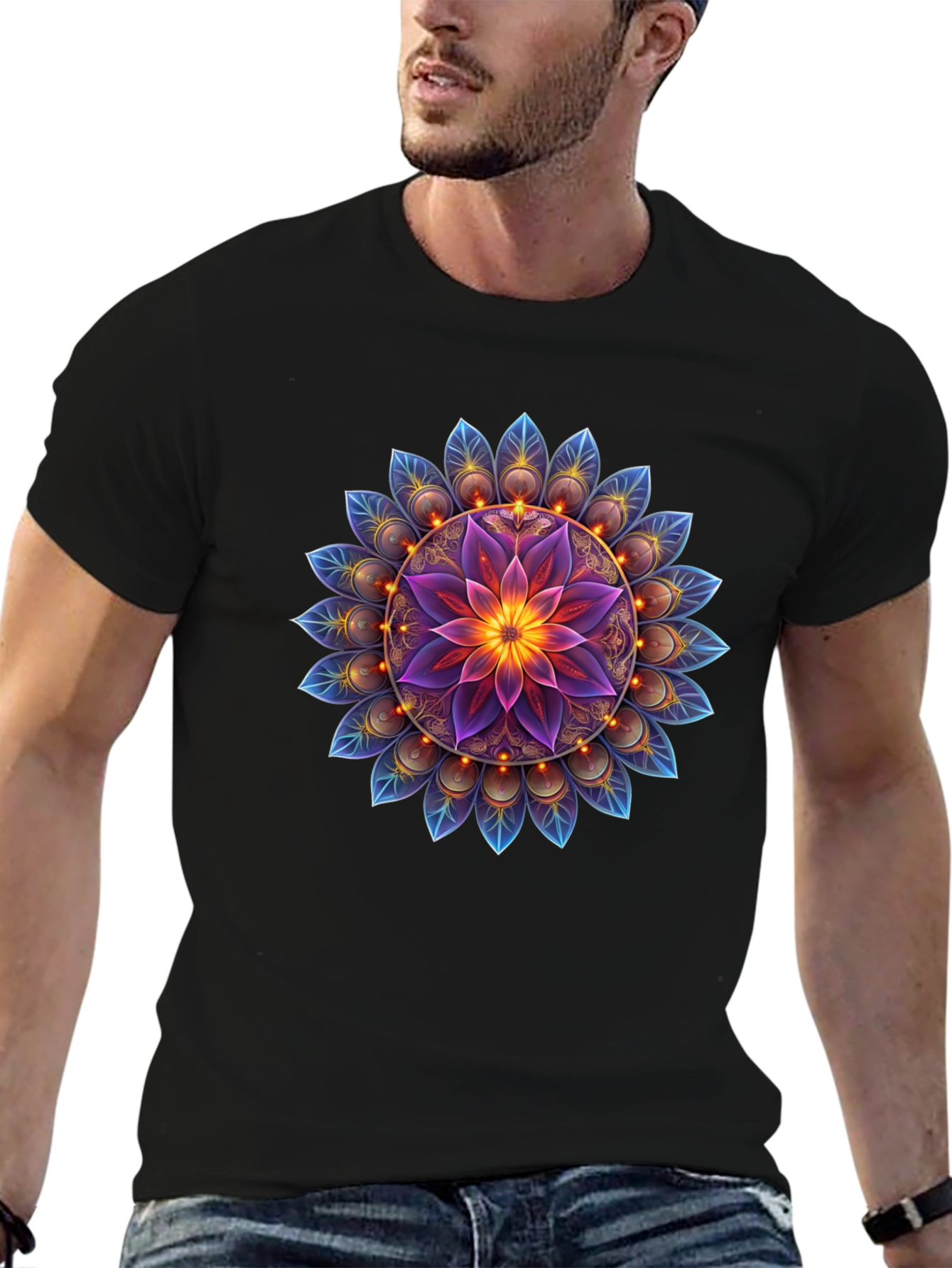 Floral Mandala Graphic Tee - Black Cotton Blend