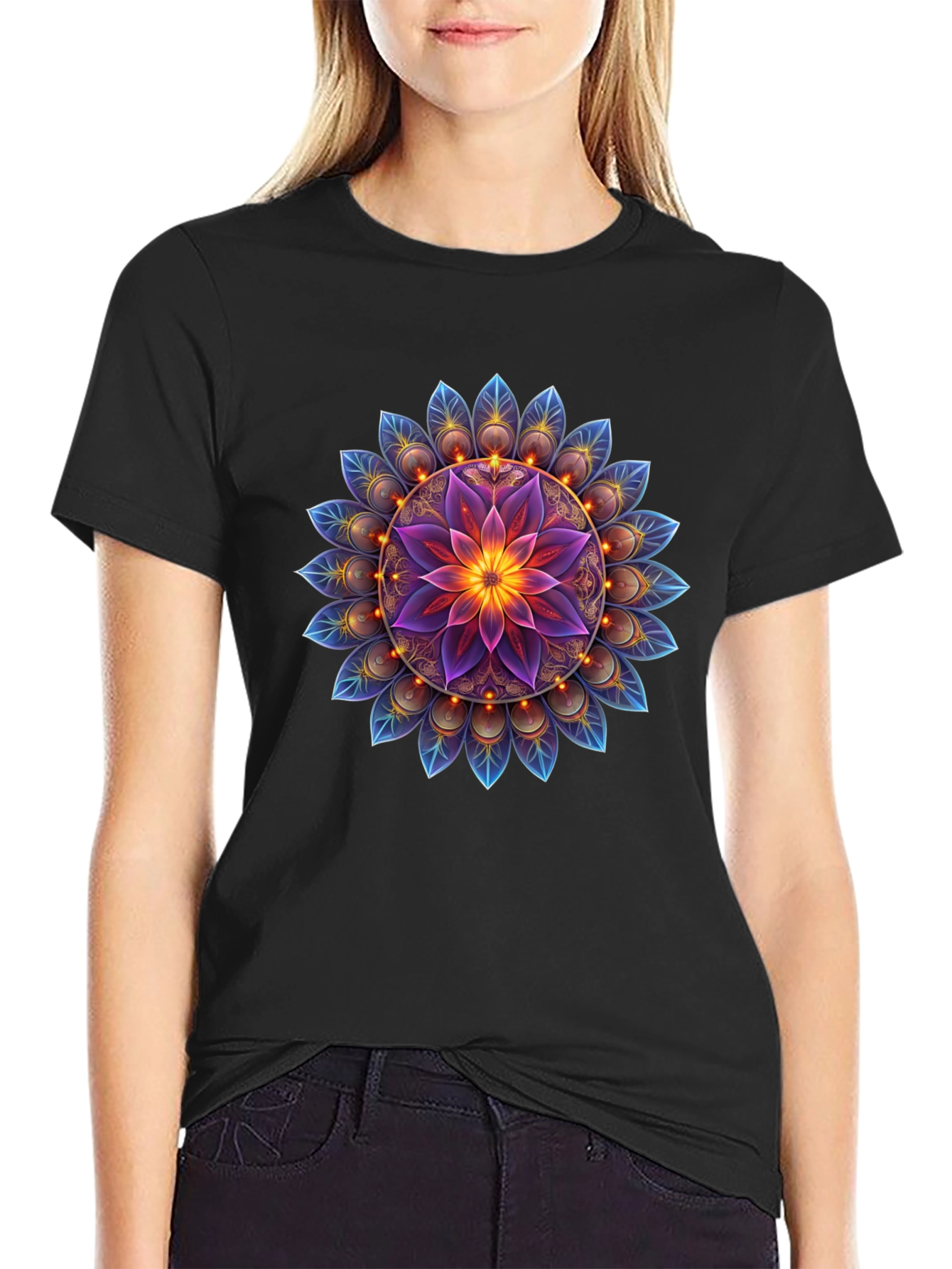 Floral Mandala Graphic Tee - Black Cotton Blend