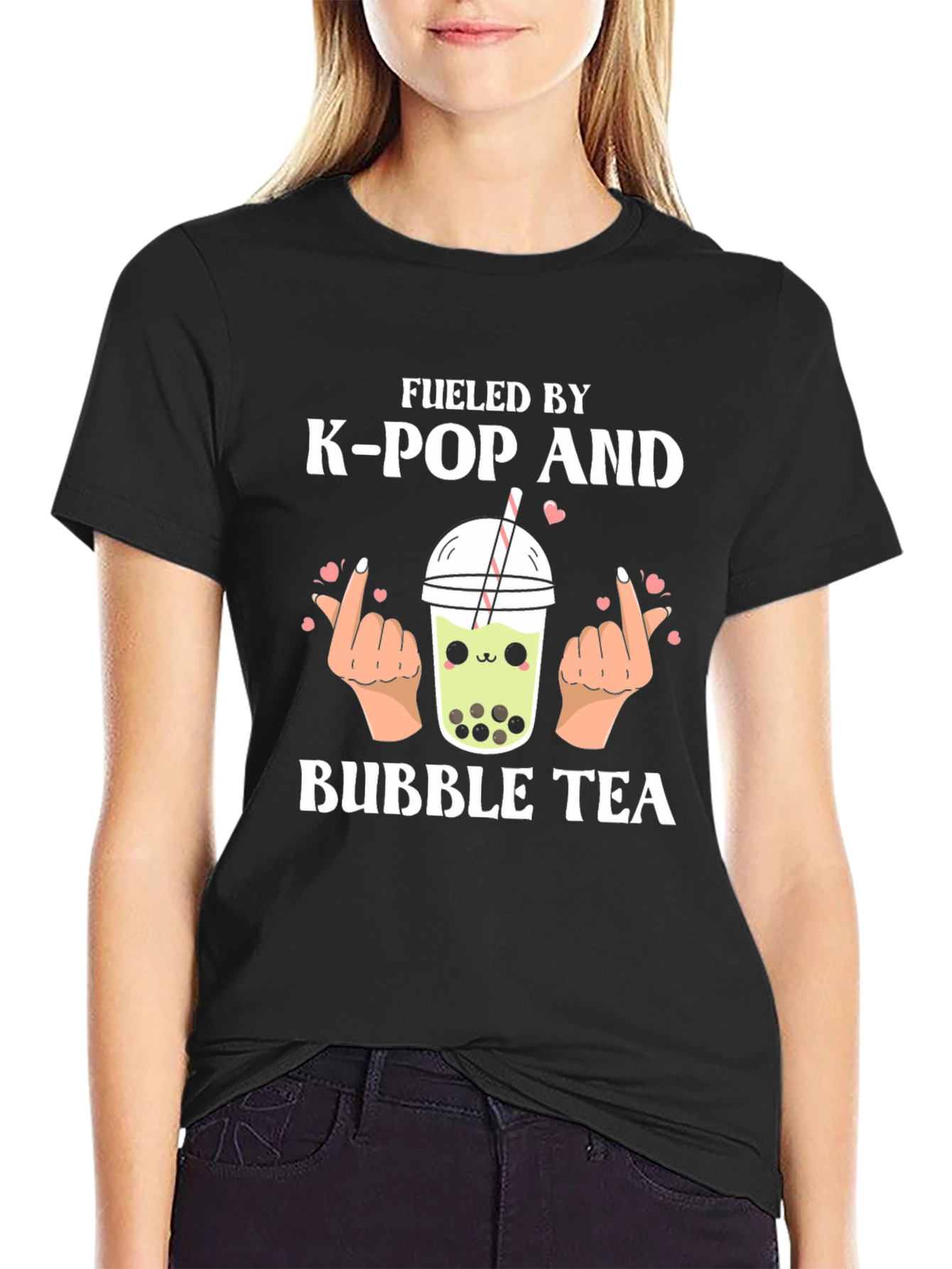 Fueled by K-Pop and Bubble Tea Black Graphic T-Shirt