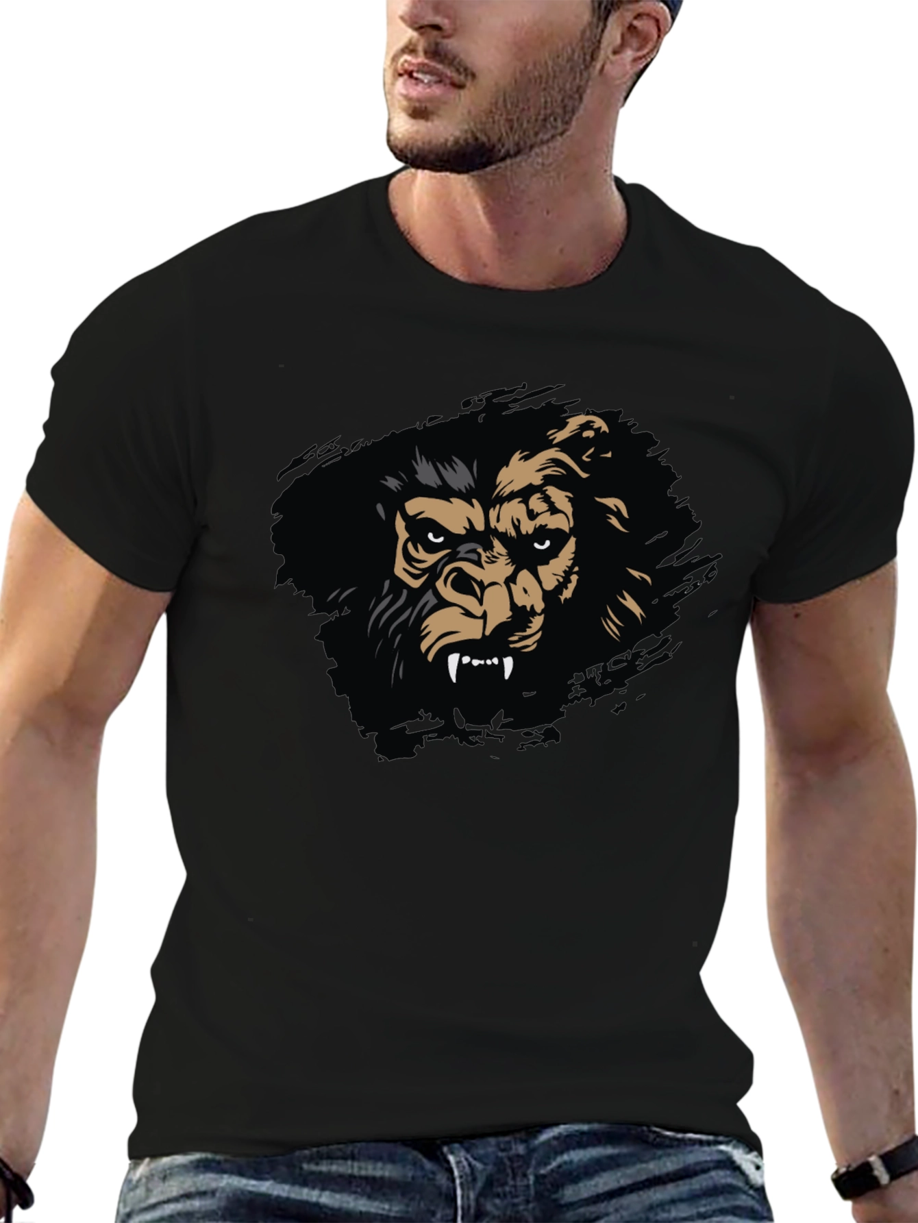 Mens Black T-Shirt with Fierce Gorilla Graphic