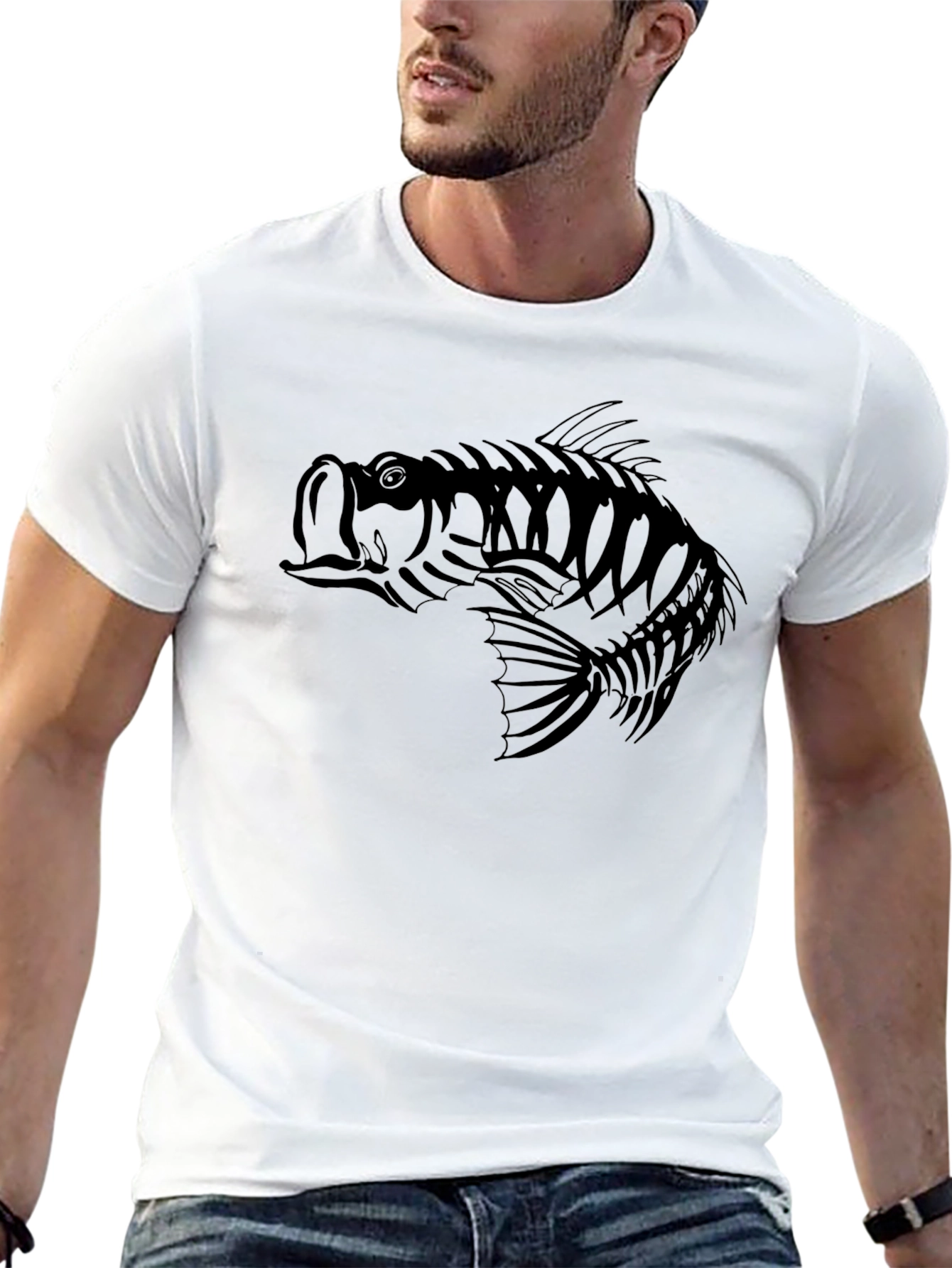 Bass Fish Skeleton Graphic Tee - Black Cotton Blend