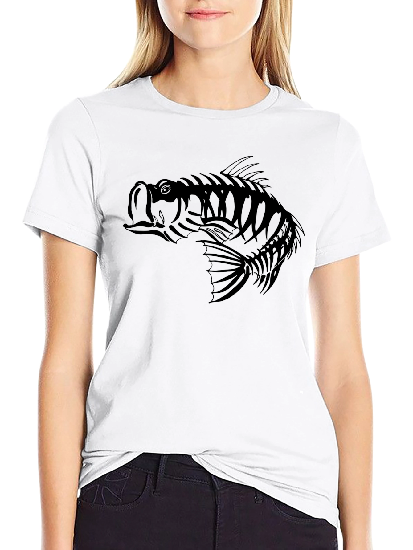 Bass Fish Skeleton Graphic Tee - Black Cotton Blend