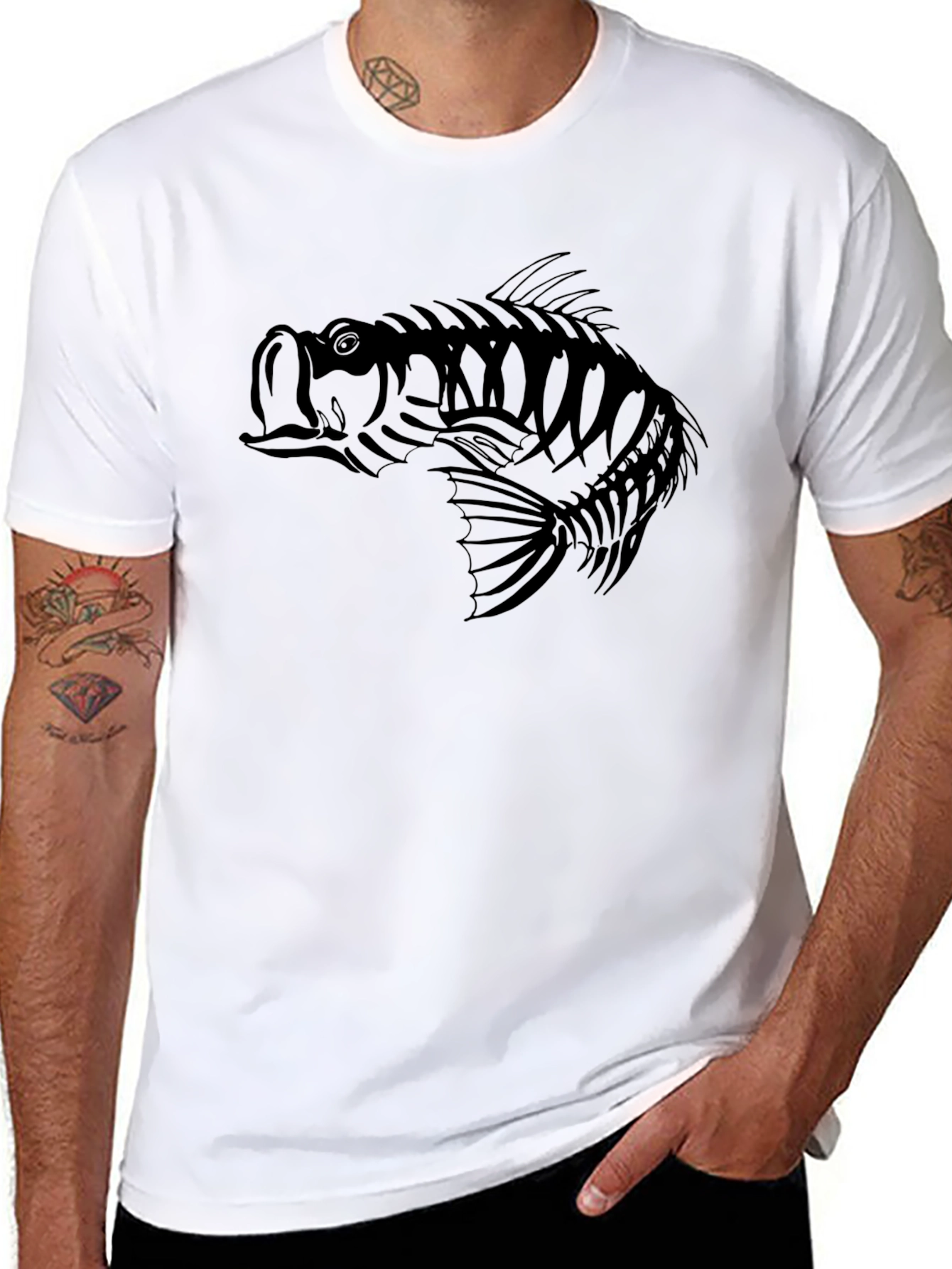 Bass Fish Skeleton Graphic Tee - Black Cotton Blend