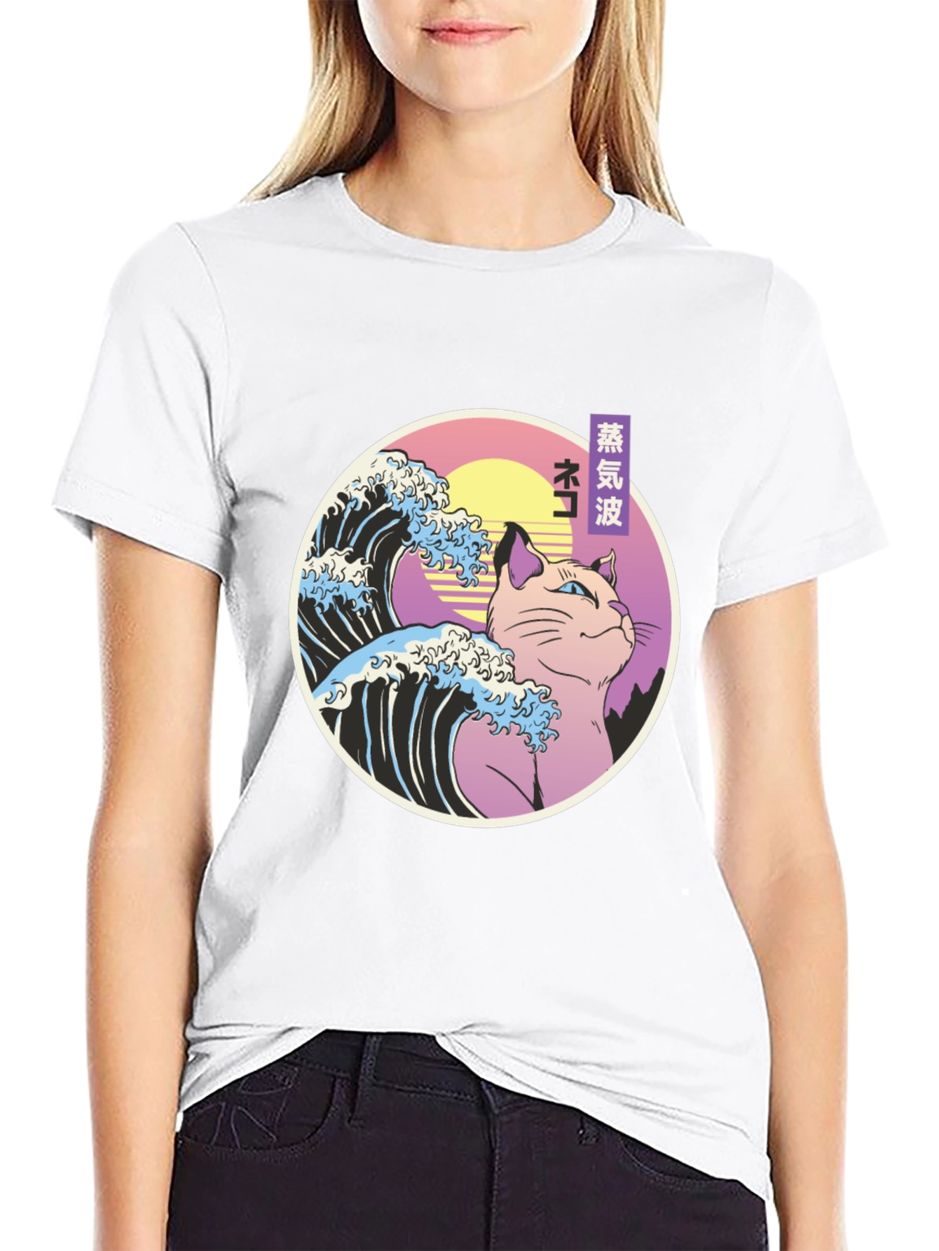 Vaporwave Cat Tee - Retro Japanese Style T-Shirt
