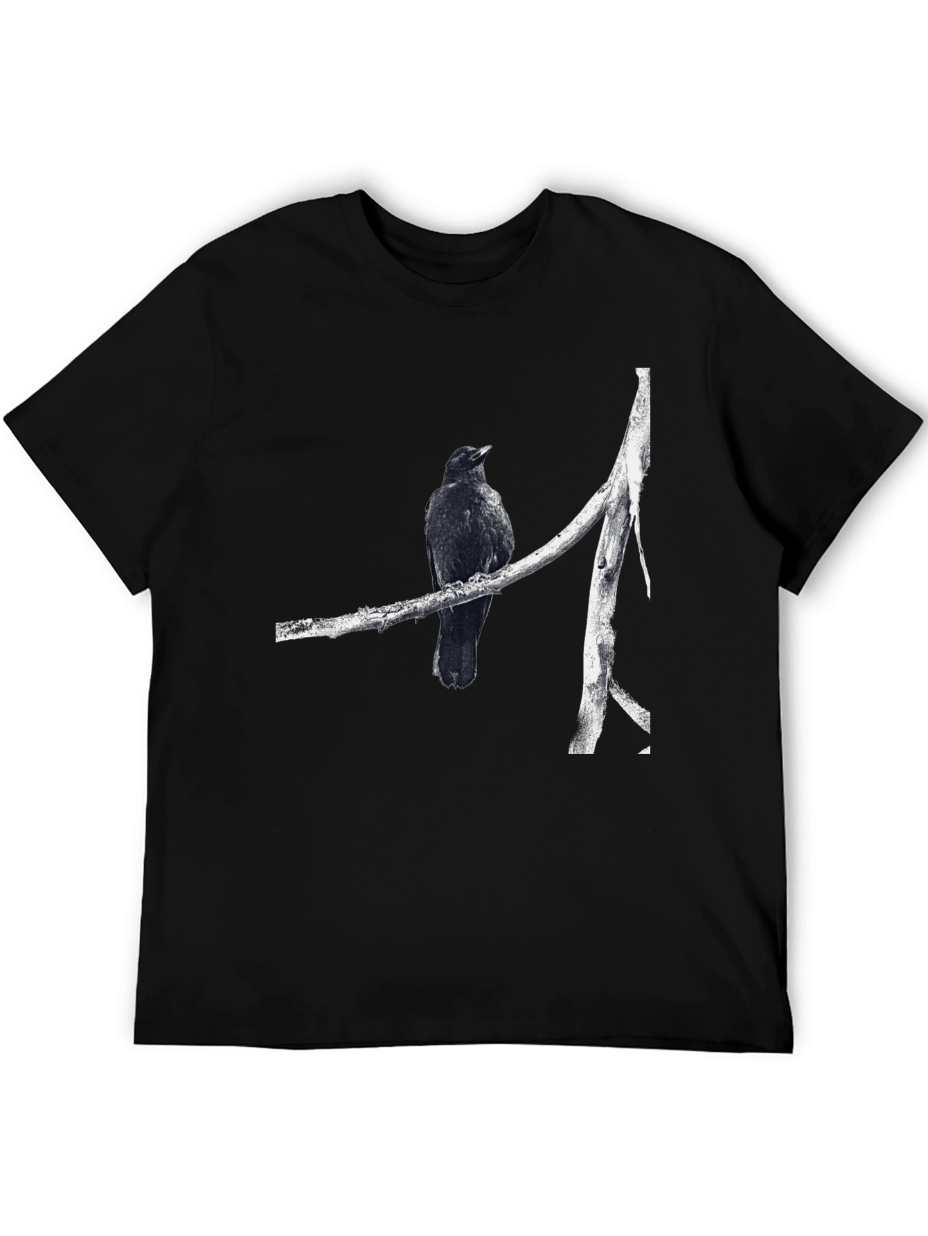 Raven on Branch Graphic Tee - Black Cotton T-Shirt
