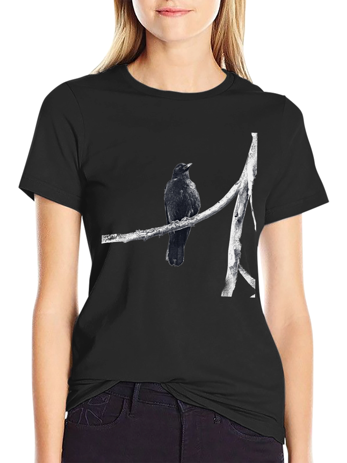 Raven on Branch Graphic Tee - Black Cotton T-Shirt