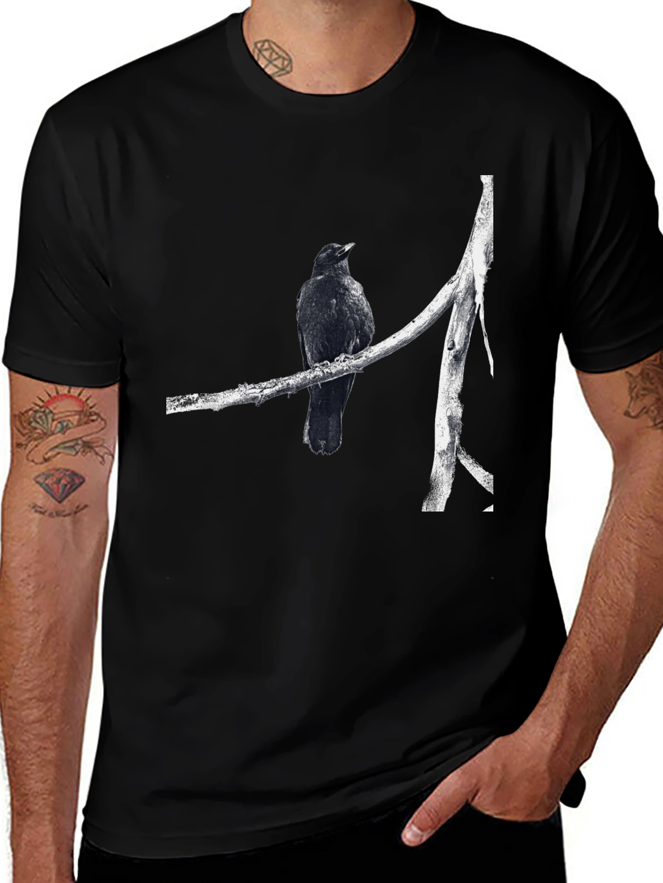 Raven on Branch Graphic Tee - Black Cotton T-Shirt