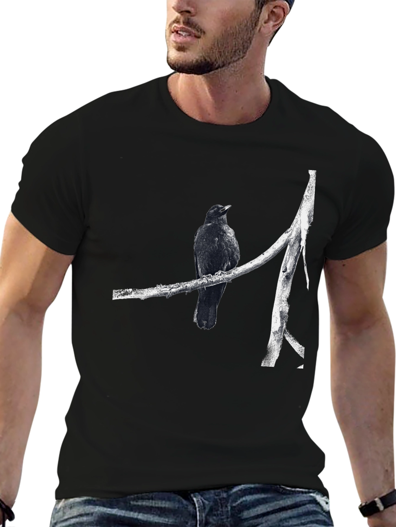 Raven on Branch Graphic Tee - Black Cotton T-Shirt