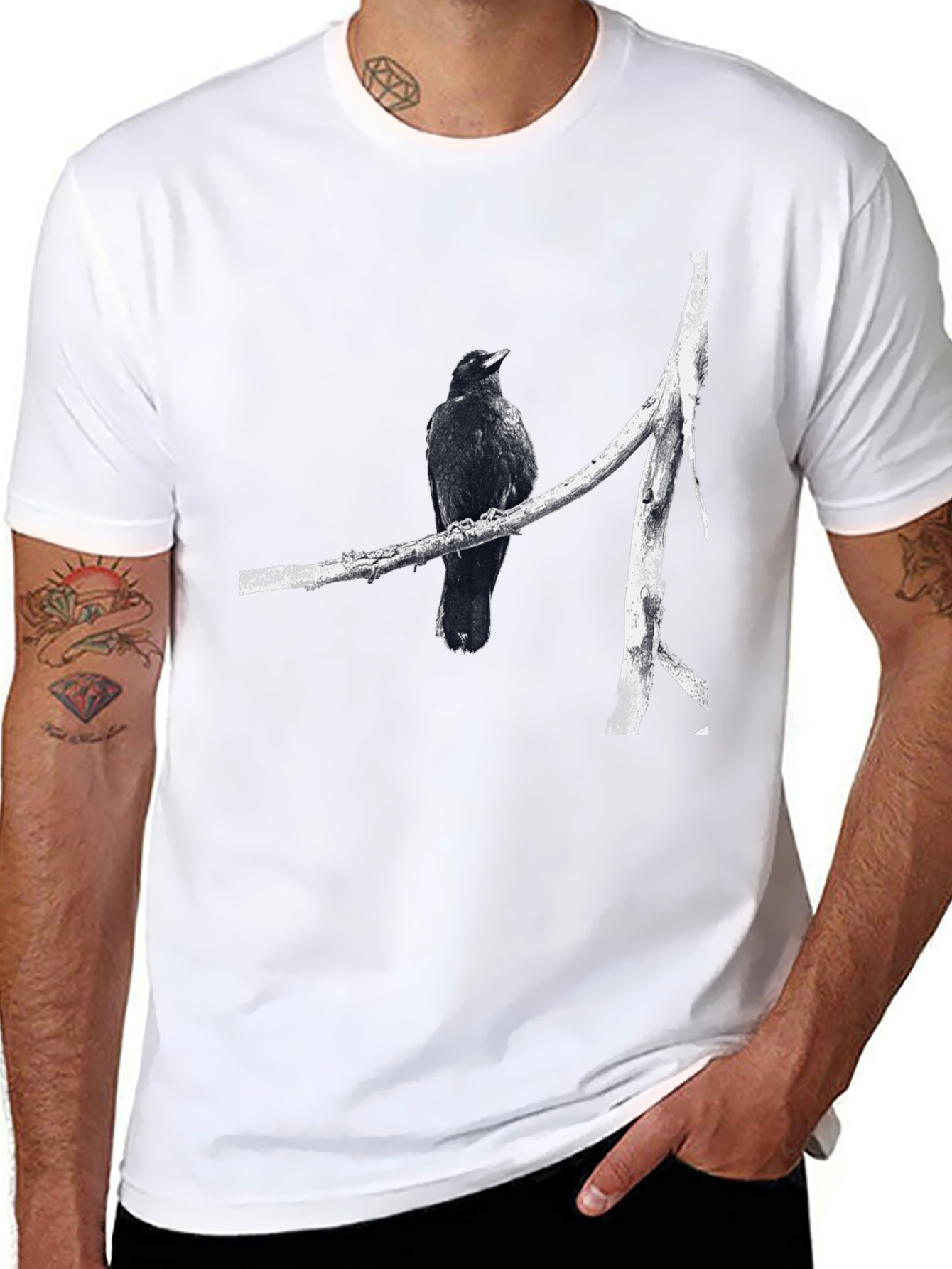 Raven on Branch Graphic Tee - Black Cotton T-Shirt