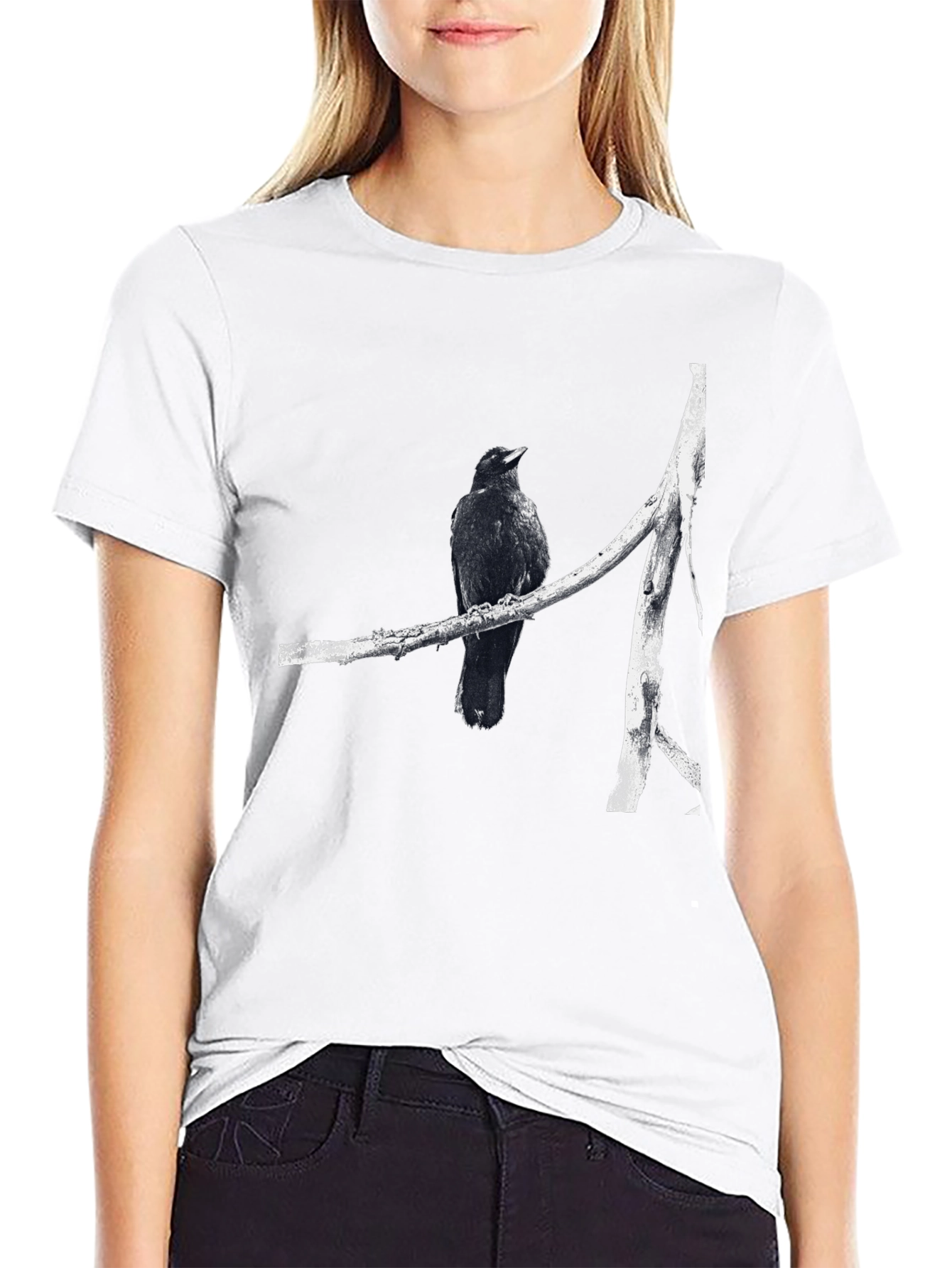 Raven on Branch Graphic Tee - Black Cotton T-Shirt
