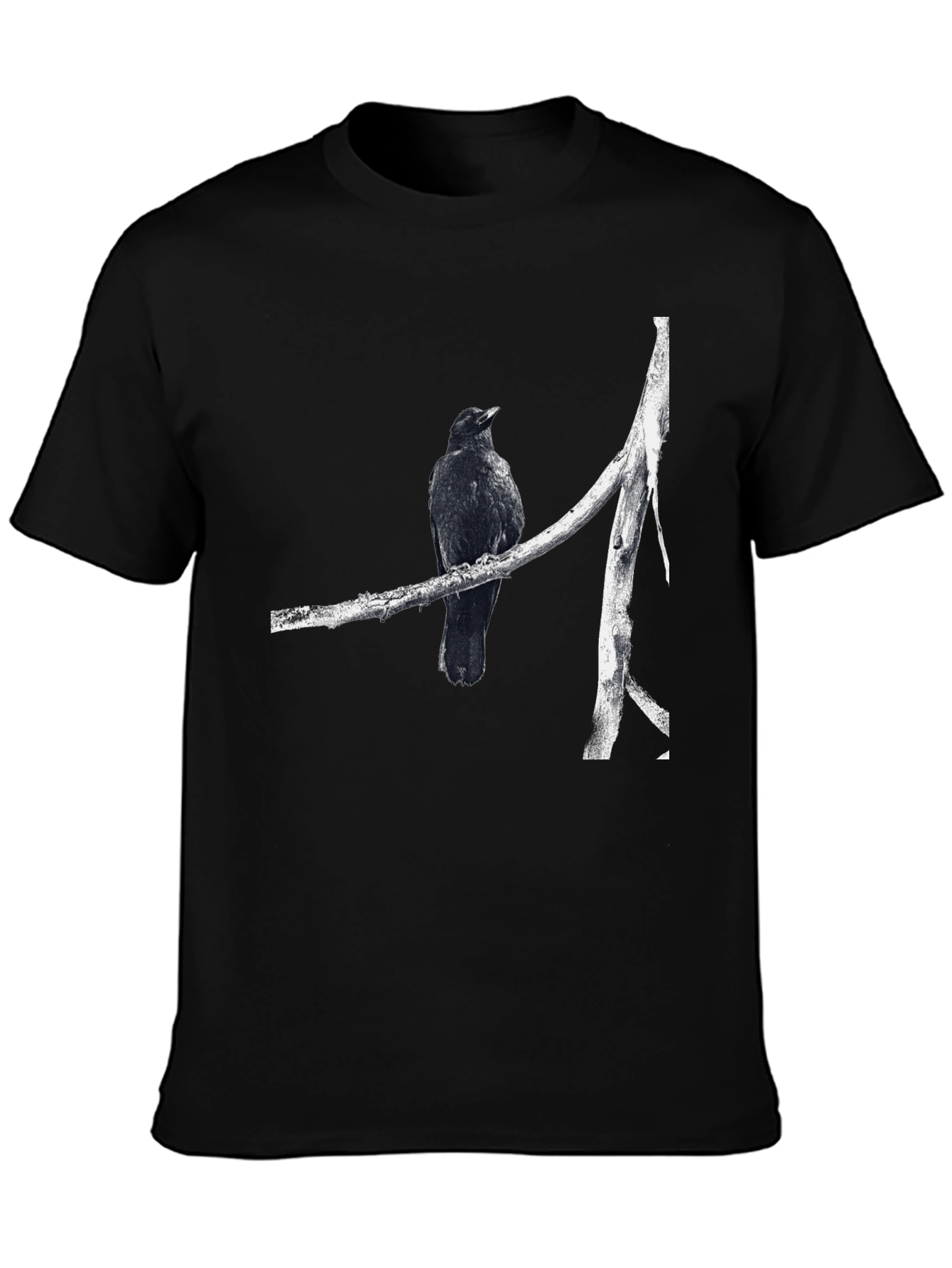 Raven on Branch Graphic Tee - Black Cotton T-Shirt