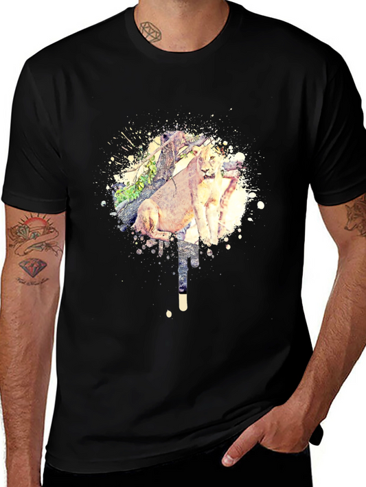 Lion Watercolor Graphic Tee - Mens Black T-Shirt
