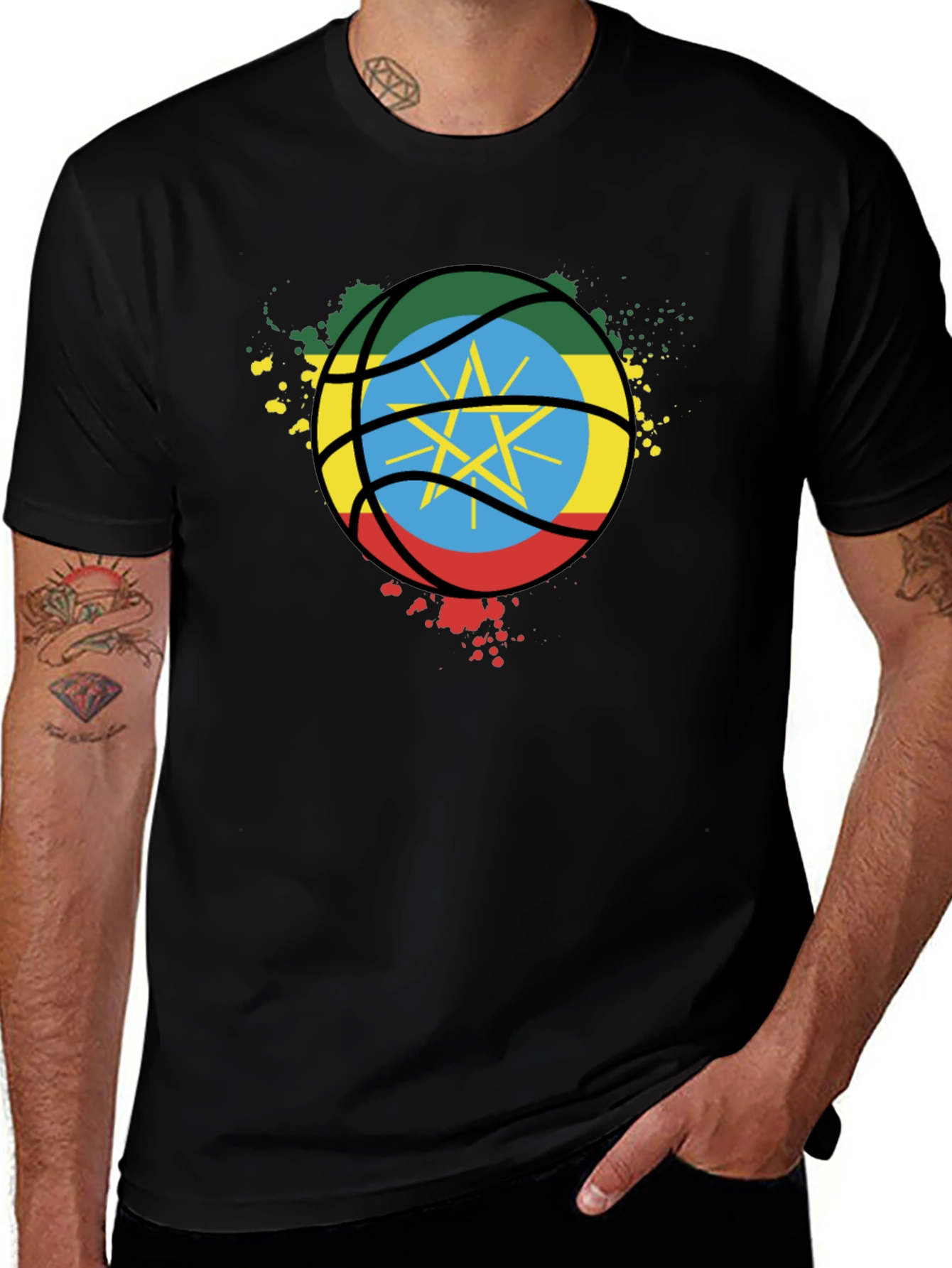 Ethiopia Flag Basketball T-Shirt - Black Cotton Tee