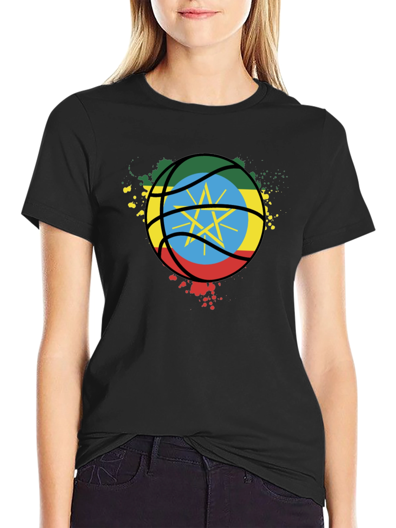 Ethiopia Flag Basketball T-Shirt - Black Cotton Tee