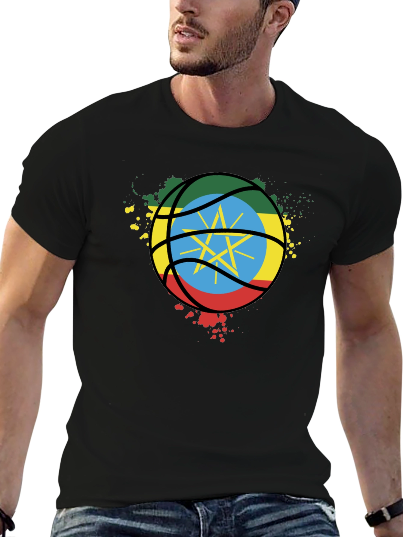 Ethiopia Flag Basketball T-Shirt - Black Cotton Tee