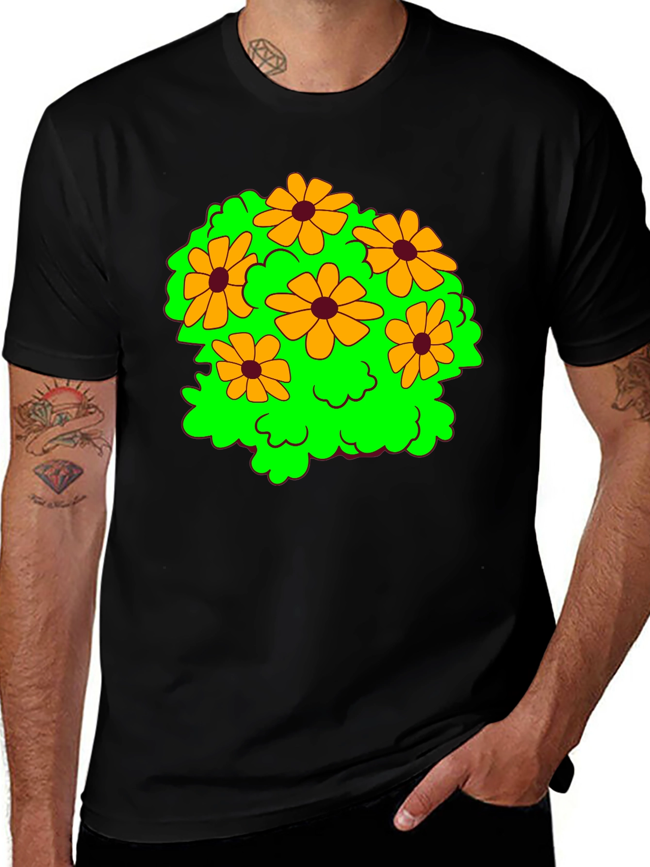 Floral Graphic Tee - Cheerful Black T-Shirt
