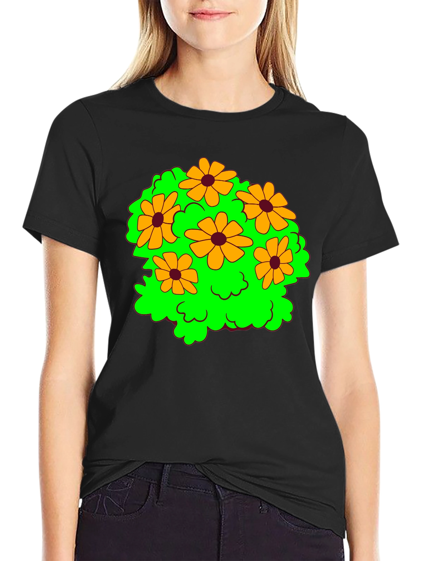 Floral Graphic Tee - Cheerful Black T-Shirt