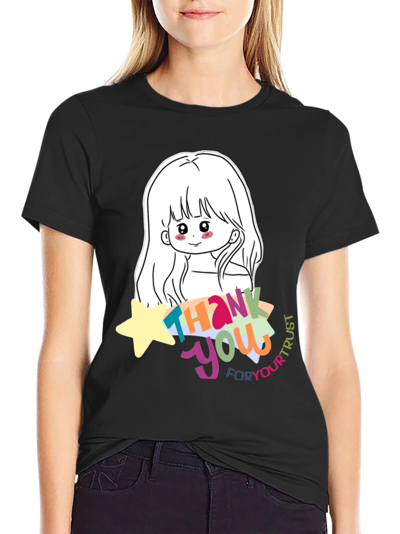 Cute Anime Girl Thank You T-Shirt - Black