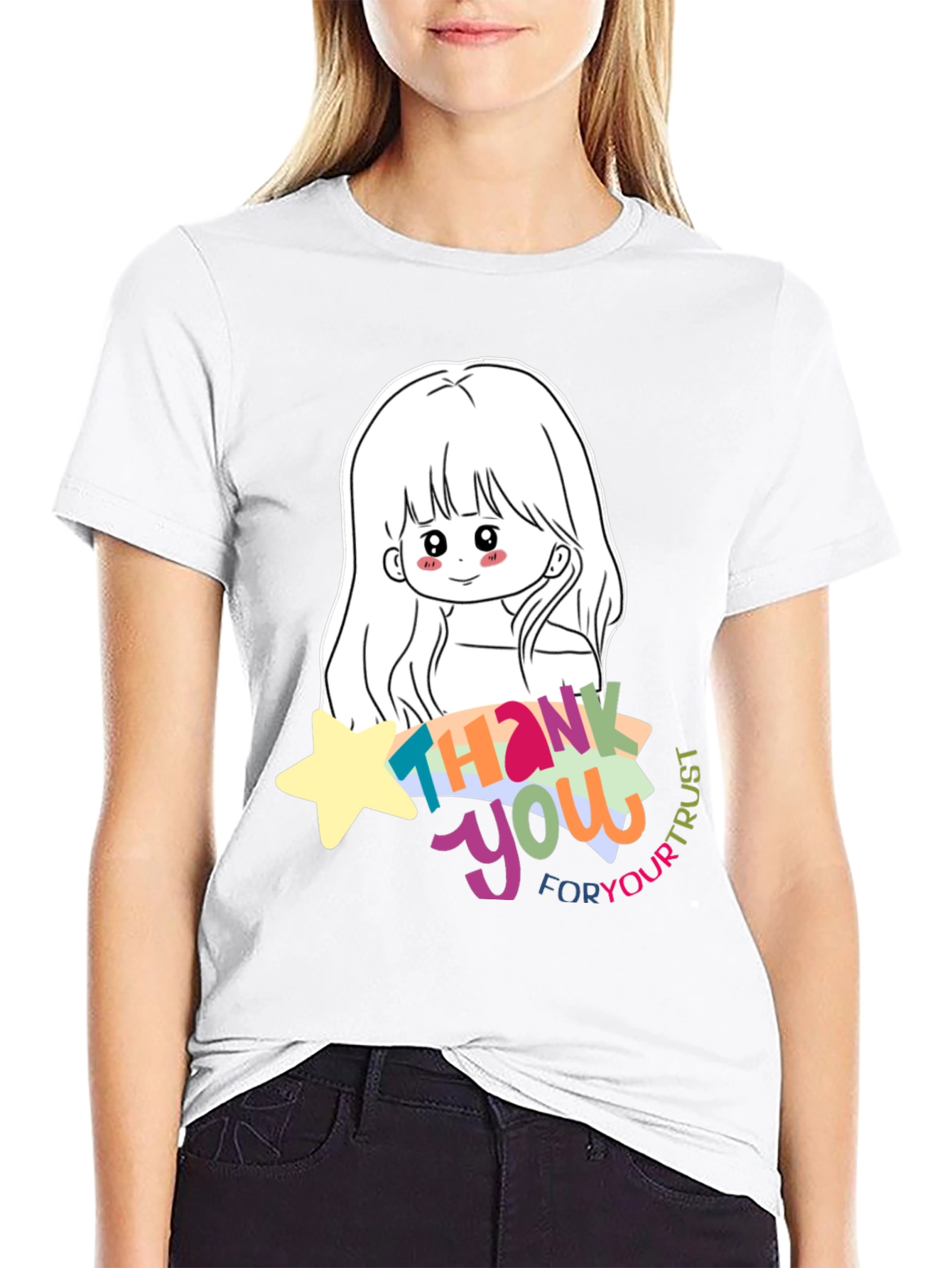 Cute Anime Girl Thank You T-Shirt - Black