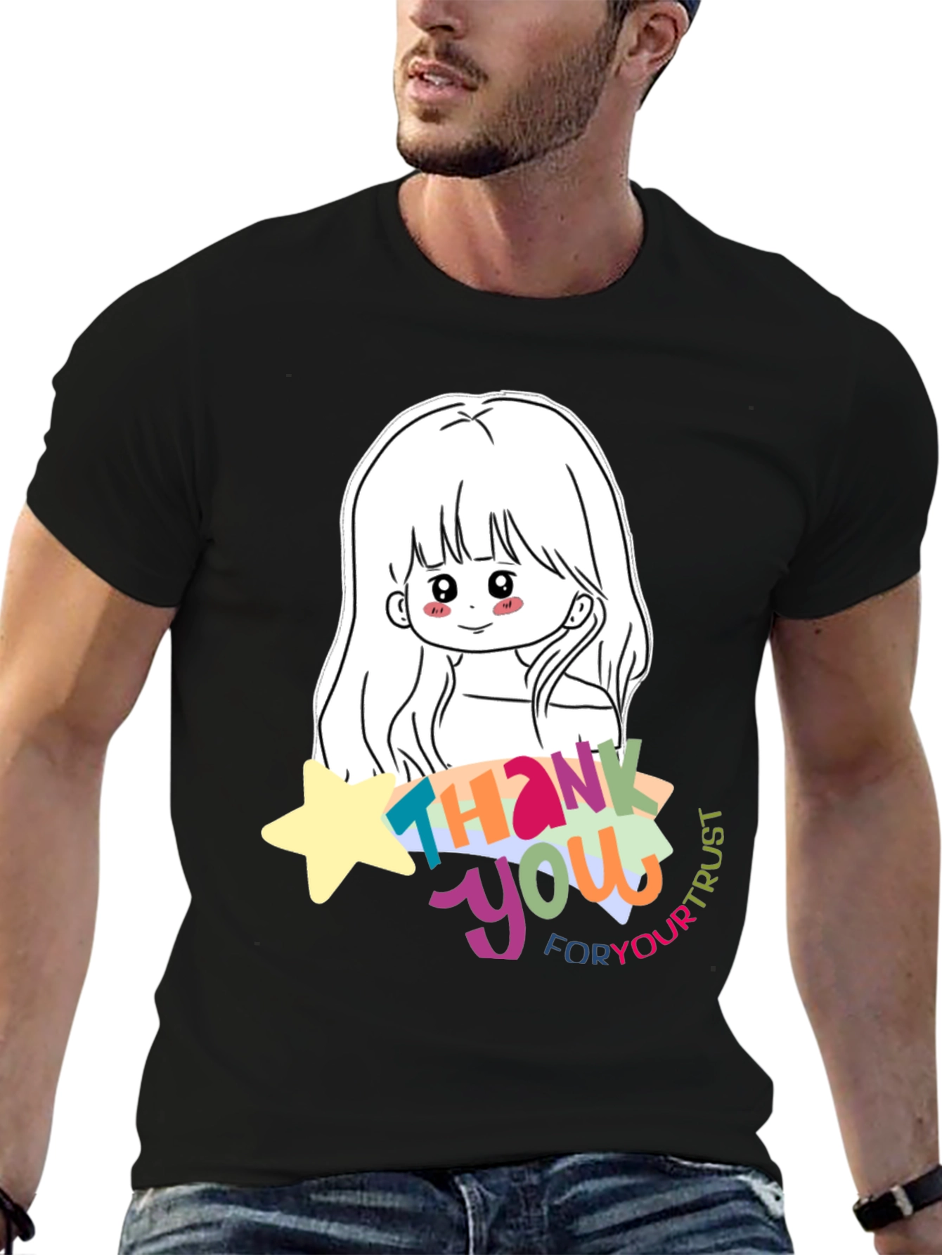 Cute Anime Girl Thank You T-Shirt - Black