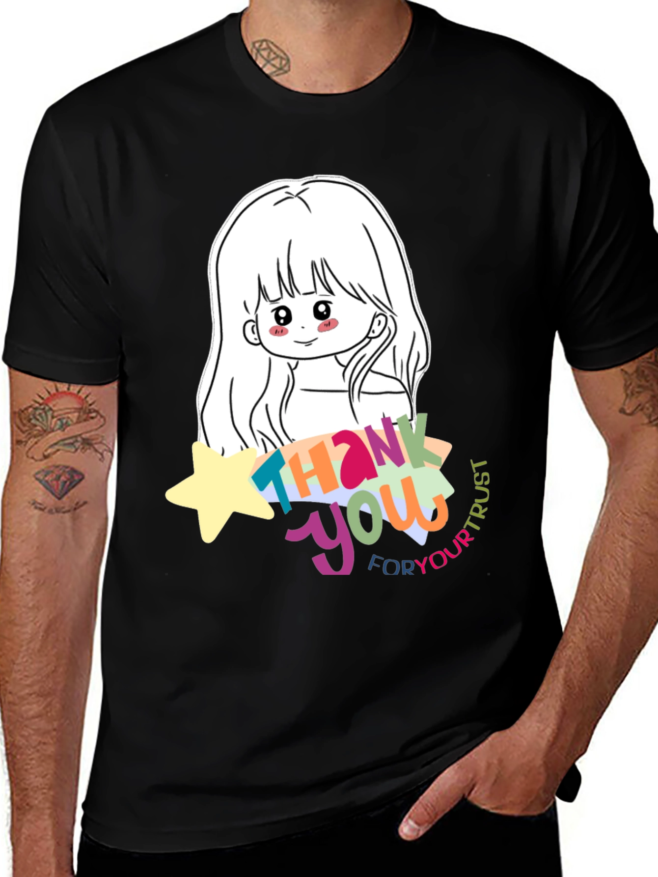 Cute Anime Girl Thank You T-Shirt - Black