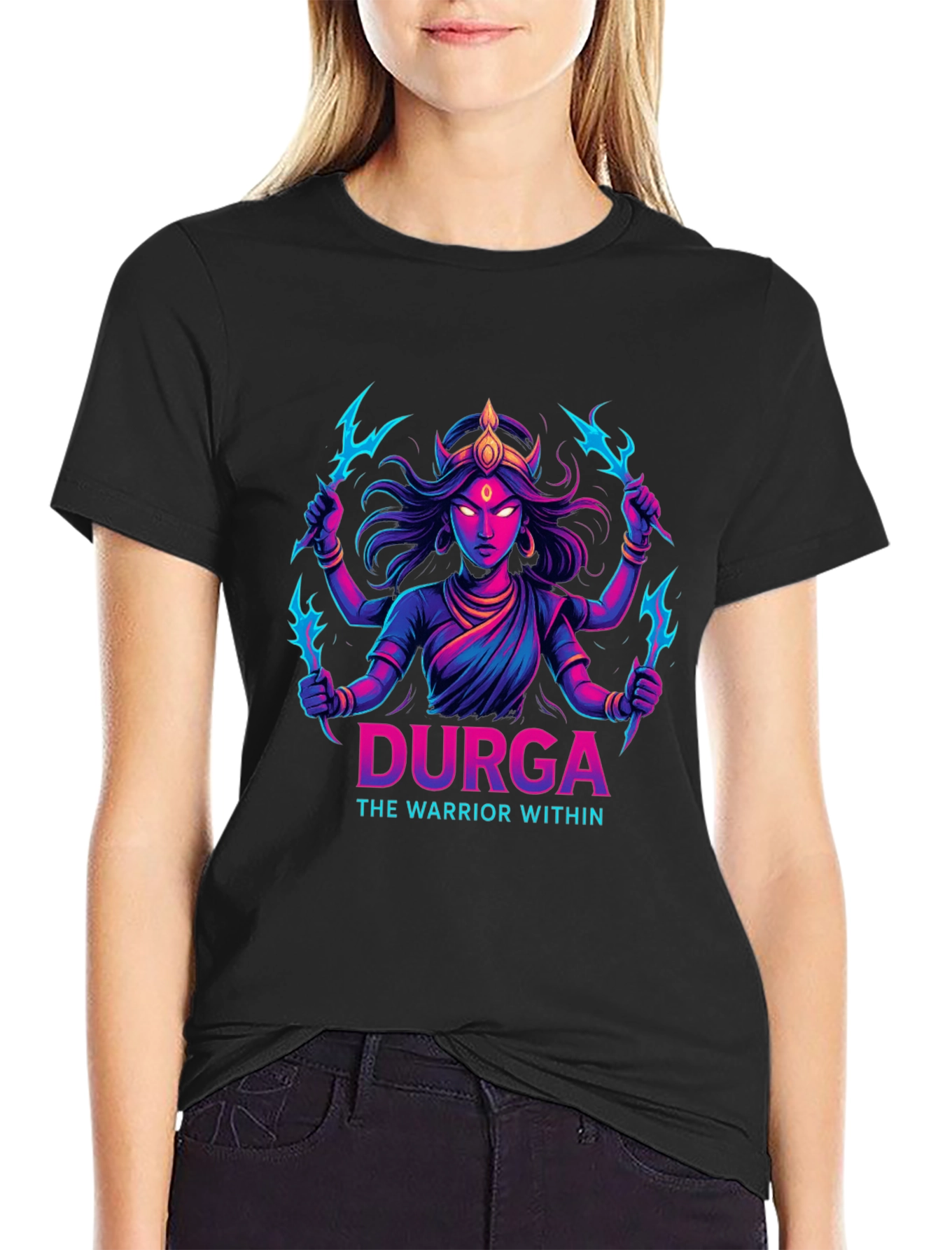 Durga Warrior Graphic Tee - Black Cotton T-Shirt